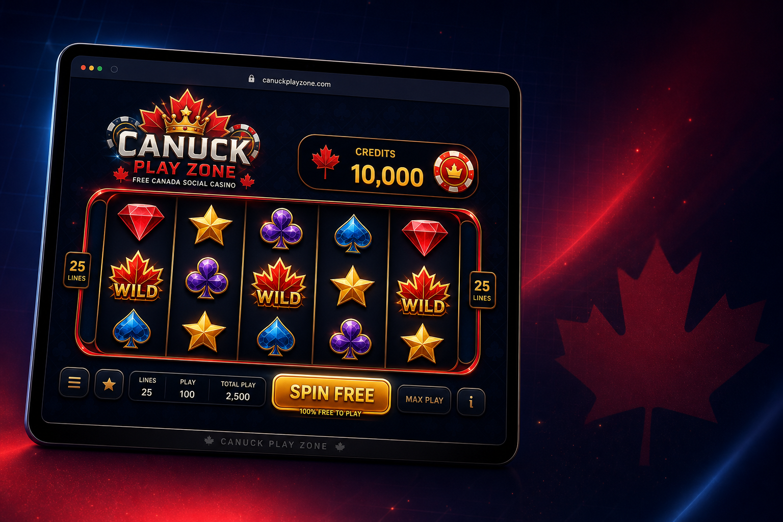 Canuck Play Zone slot game preview with virtual credits and spin button